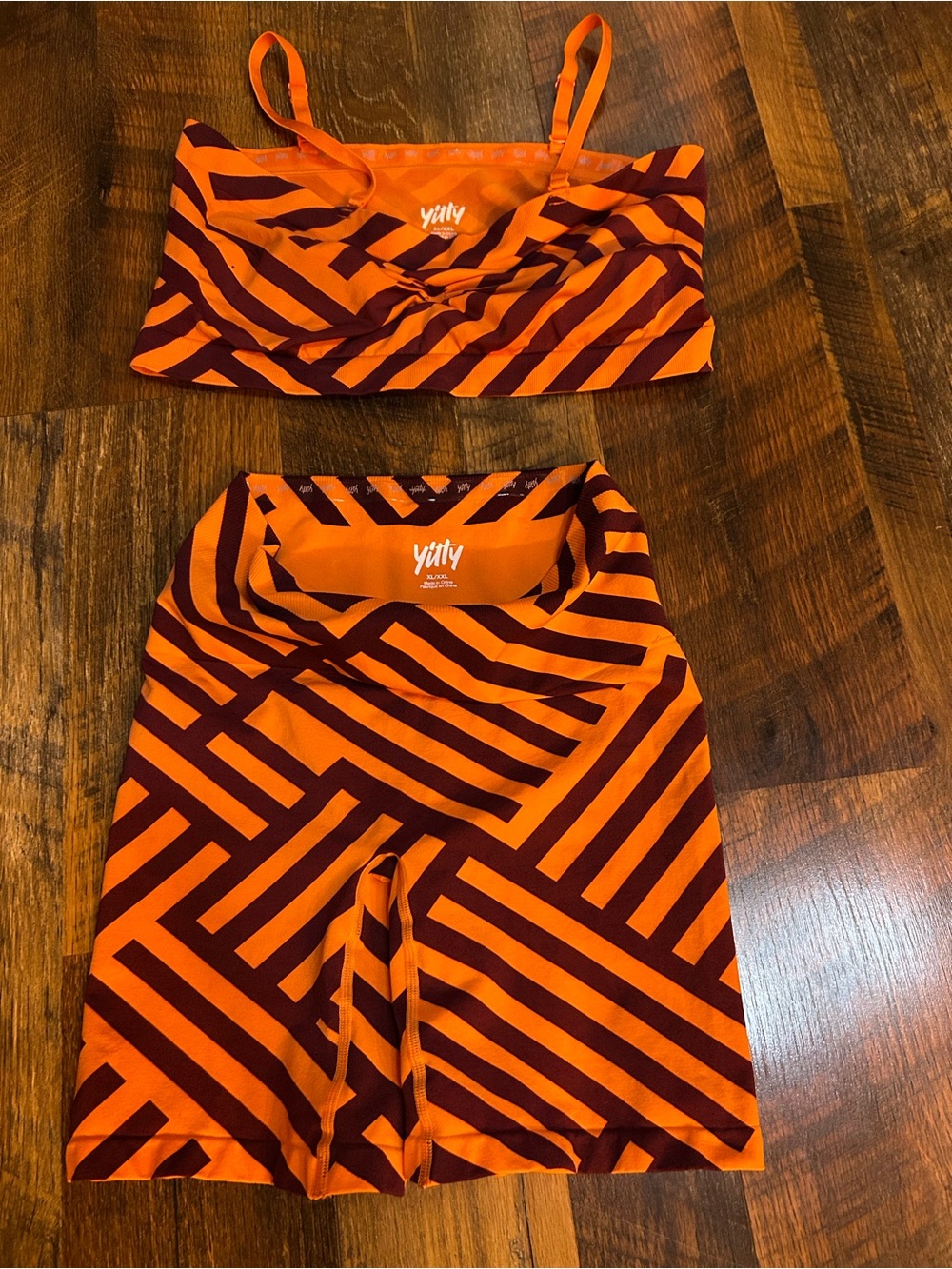 YITTY Orange & Maroon Striped Bike Shorts Set